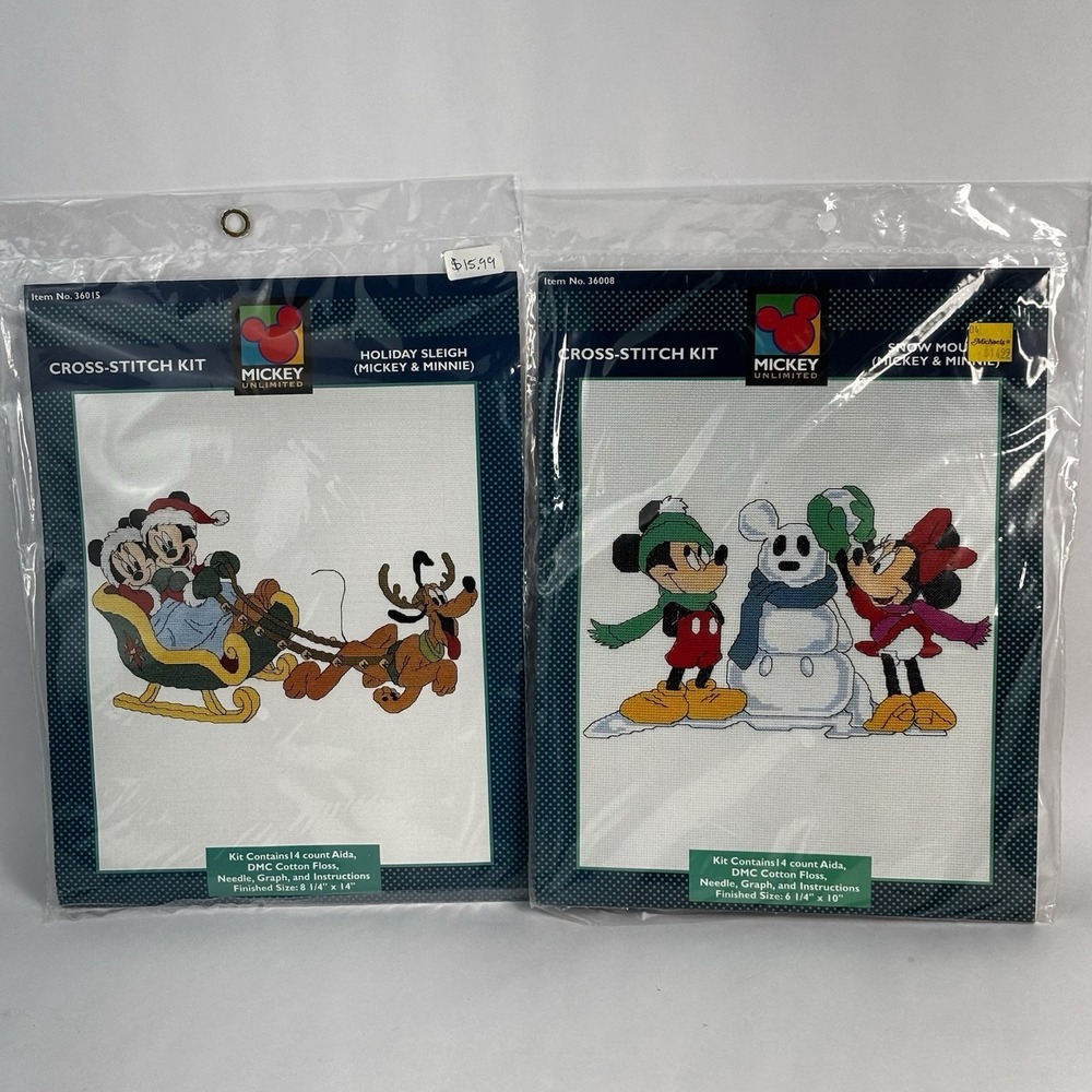 NEW Mickey Unlimited Cross Stitch Kit (2) Holiday Sleigh & Snow Mouse